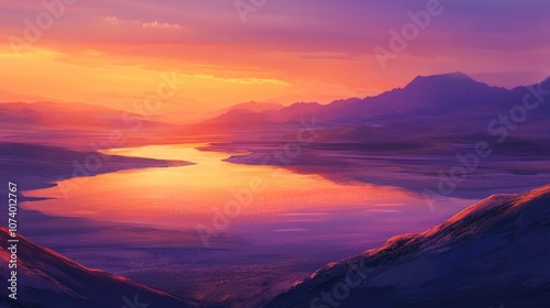 A scenic view of a river winding through a valley with mountains in the background as the sun sets over the horizon.