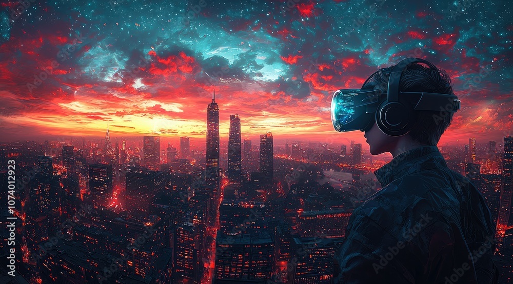 A person wearing a VR headset looks out over a futuristic cityscape at sunset. A person wearing a VR headset looks out over a futuristic cityscape at sunset.