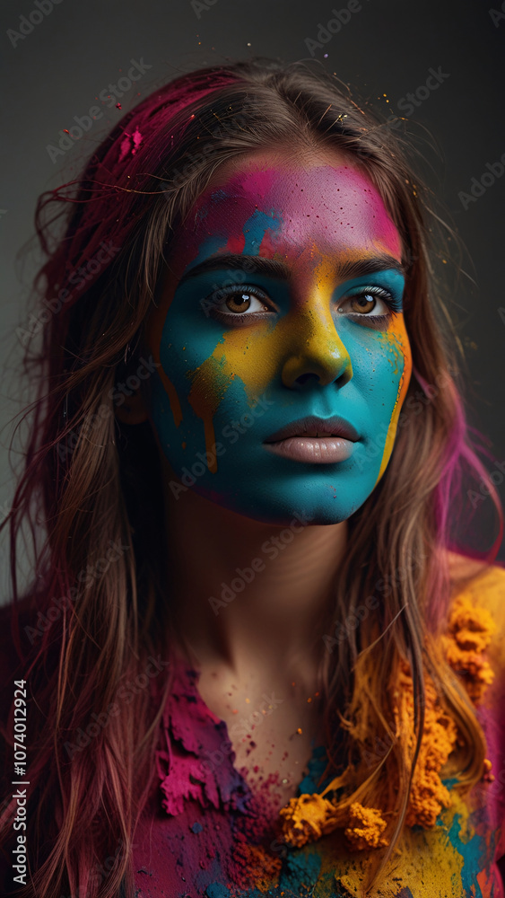 Obraz premium Closeup Portrait of a Woman at Indian Holi Festival: Explosion of Colors and Joy, Perfect for Cultural Celebrations and Festive Imagery