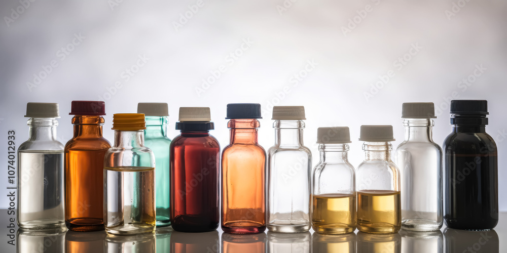 Collection of glass bottles and jars of various colors and shapes. Collection of glass bottles and jars of various colors and shapes.