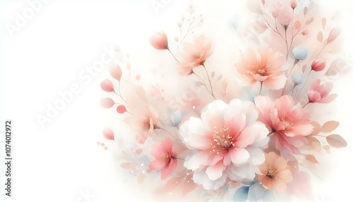  Gentle watercolor background with soft pastel flower petals in pink and peach tones