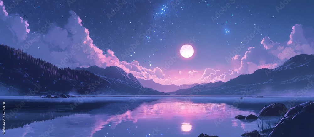 A serene night sky with a full moon and stars reflecting on a calm lake surrounded by mountains and clouds. A serene night sky with a full moon and stars reflecting on a calm lake surrounded by mountains and clouds.