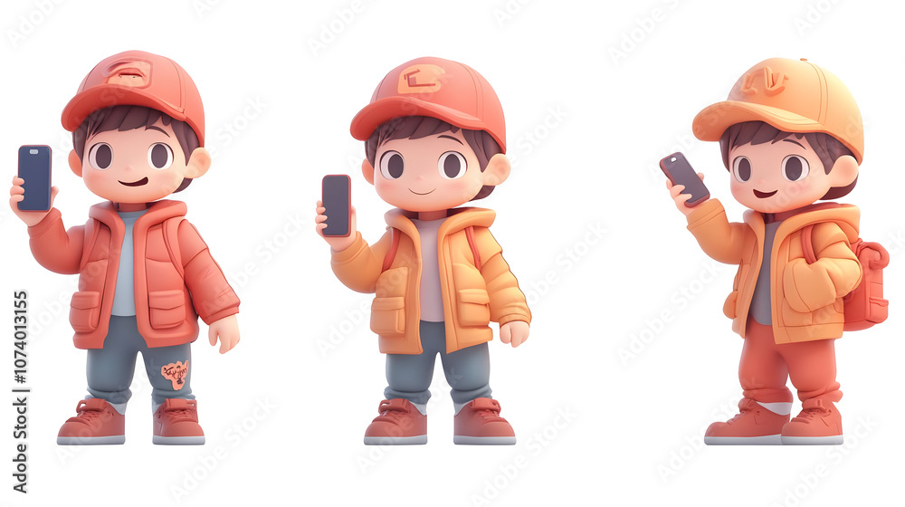 Three 3D cartoon boys wearing winter clothes and holding a smartphone isolated on a transparent background. Three 3D cartoon boys wearing winter clothes and holding a smartphone isolated on a transparent background.
