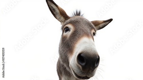 Generative AI, close-up of a gray donkey with soulful eyes against white background