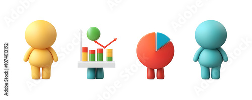 3D Cartoon Characters Representing Data with Bar Graph, Pie Chart, and a Green Circle on White Background, Isolated PNG