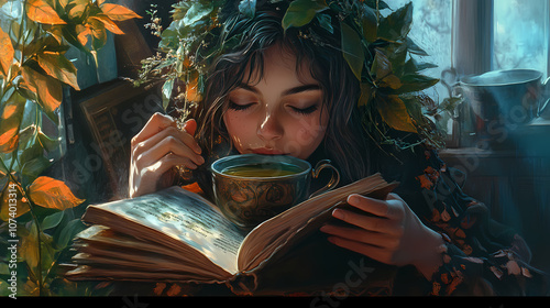 Reading tea leaves illustration. Arcane. Illustration photo