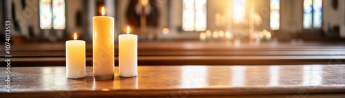 Three candles are lit on a wooden table in a church