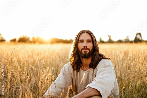 A man in a white robe sits in a field of tall grass. He has a beard and is looking to the right photo