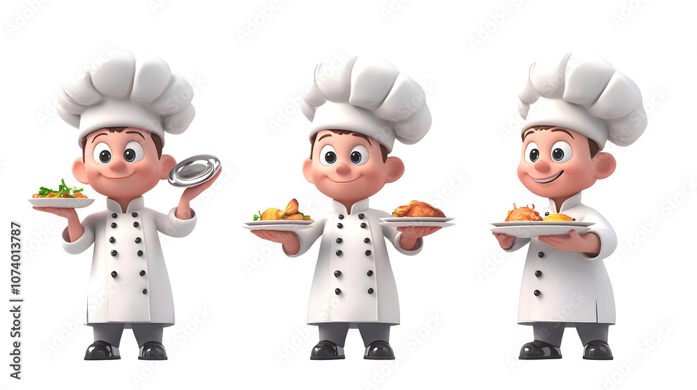 Three cartoon chefs with smiling faces holding plates of food, isolated with a transparent background. Three cartoon chefs with smiling faces holding plates of food, isolated with a transparent background.