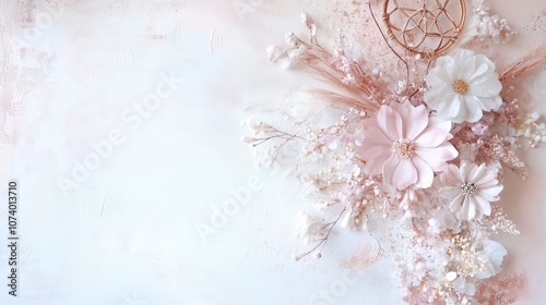 Soothing boho background featuring dreamcatchers, flowers, and soft textures in brown and blue hues