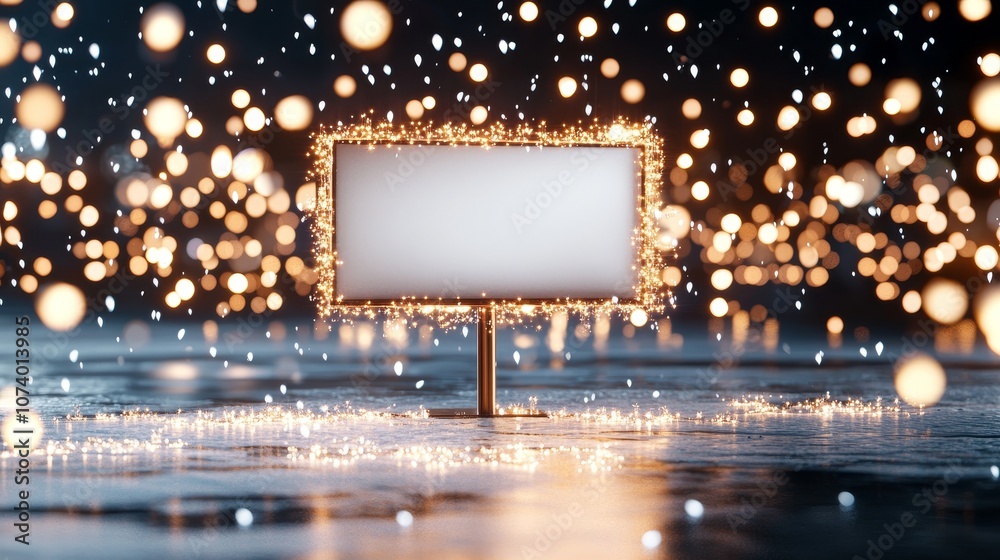 Snow-covered Christmas town, glowing lights, empty billboard in the center, falling snowflakes, festive ambiance, vibrant holiday colors, whimsical and inviting Snow-covered Christmas town, glowing lights, empty billboard in the center, falling snowflakes, festive ambiance, vibrant holiday colors, whimsical and inviting