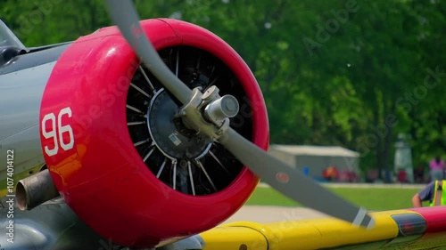 Vintage War War 2 United States Warbird Airplane Startup on Airfield on show. Close up  photo