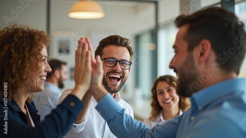 Team Celebrates Milestone Achievement in Modern Office Setting