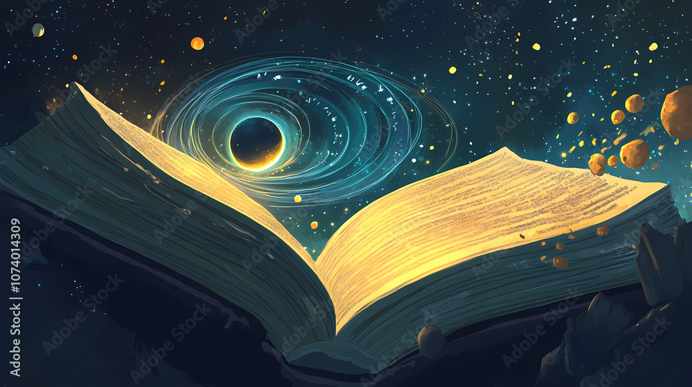 Naklejka premium Solar system emerging from an open book. Arcane. Illustration