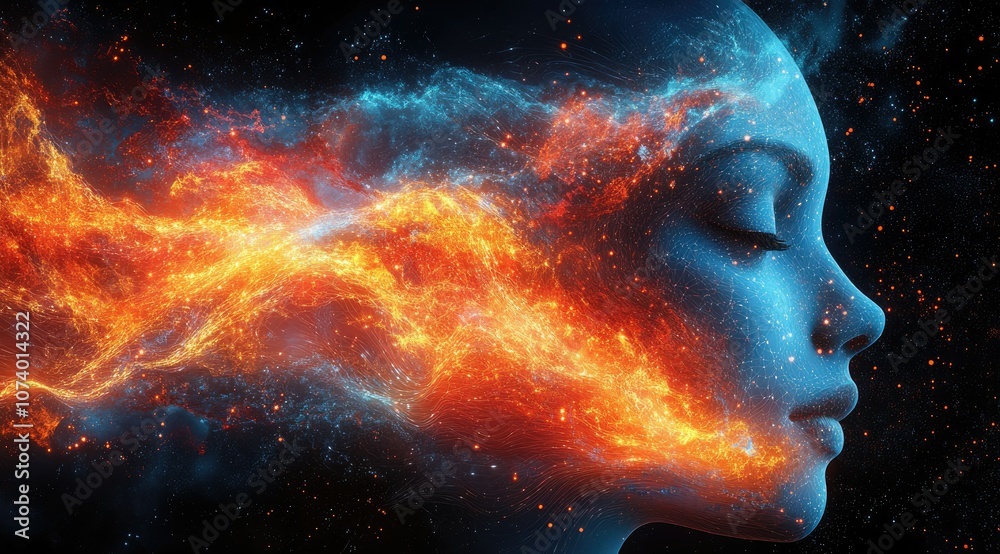 A profile of a woman's face with a fiery, swirling nebula of cosmic energy emanating from her head. A profile of a woman's face with a fiery, swirling nebula of cosmic energy emanating from her head.
