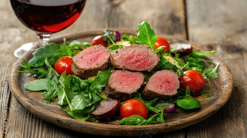 Sliced Beef with Fresh Vegetables and Red Wine