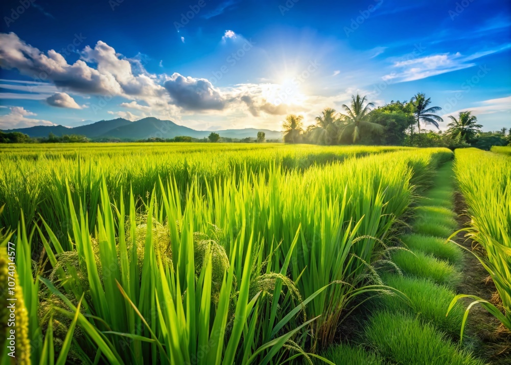 Abundant Young Green Rice Plants Thriving in Lush Rice Fields Under Clear Blue Sky, Showcasing Nature's Bounty and Agricultural Beauty in Vibrant Colors Abundant Young Green Rice Plants Thriving in Lush Rice Fields Under Clear Blue Sky, Showcasing Nature's Bounty and Agricultural Beauty in Vibrant Colors