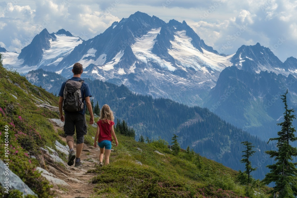 Father and daughter hiking on mountain trail with scenic view Father and daughter hiking on mountain trail with scenic view