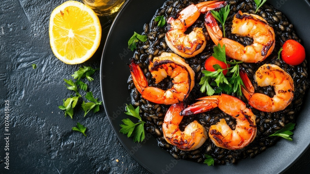 Grilled Shrimp on Black Rice with Garnish and Lemon Grilled Shrimp on Black Rice with Garnish and Lemon