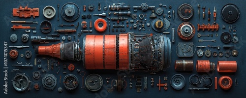 Disassembled Airplane Jet Engine and Parts Laid Out on a Blue Surface