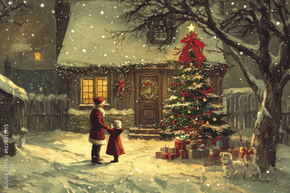 Naklejka premium An image of a snowy Christmas scene featuring a parent and child in festive attire standing outside a decorated house, admiring a Christmas tree adorned with ornaments and presents beneath it
