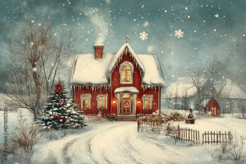 An image of a red cottage with snow-covered roof and icicles, surrounded by a snowy landscape, a decorated Christmas tree with red bows