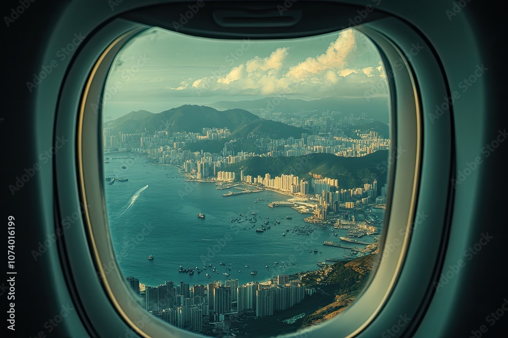 Fototapeta premium Airplane window view of Hong Kong. This photo is perfect for travel, transportation, and cityscape themes.