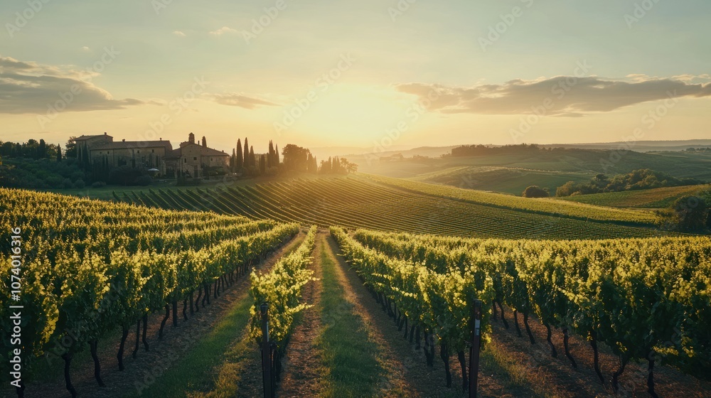 Fototapeta premium Vineyard Landscape at Sunset