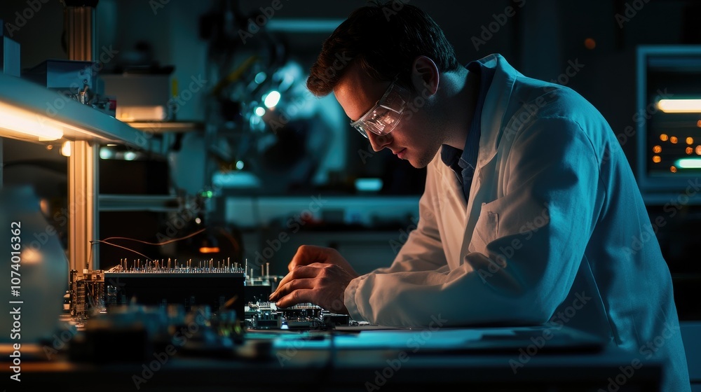 A scientist in a lab coat works on a circuit board, focusing intently on his task. A scientist in a lab coat works on a circuit board, focusing intently on his task.