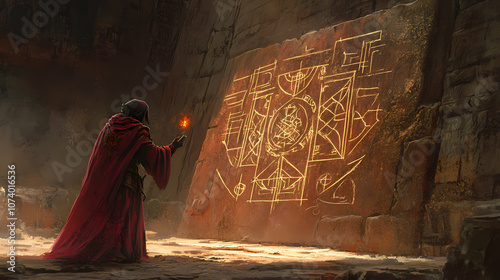 Warlock inscribing arcane symbols into stone. Arcane. Illustration photo