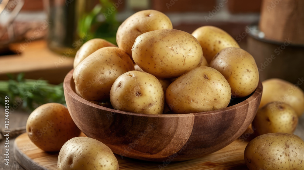 A bowl of potatoes is sitting on a wooden table. The potatoes are all different sizes and are arranged in a way that they are all visible. The bowl is filled to the brim with potatoes A bowl of potatoes is sitting on a wooden table. The potatoes are all different sizes and are arranged in a way that they are all visible. The bowl is filled to the brim with potatoes