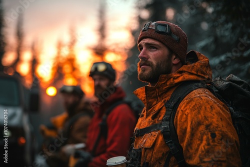  Lumberjacks in rugged gear at sunrise, forest logging scene, teamwork and resilience in challenging environments