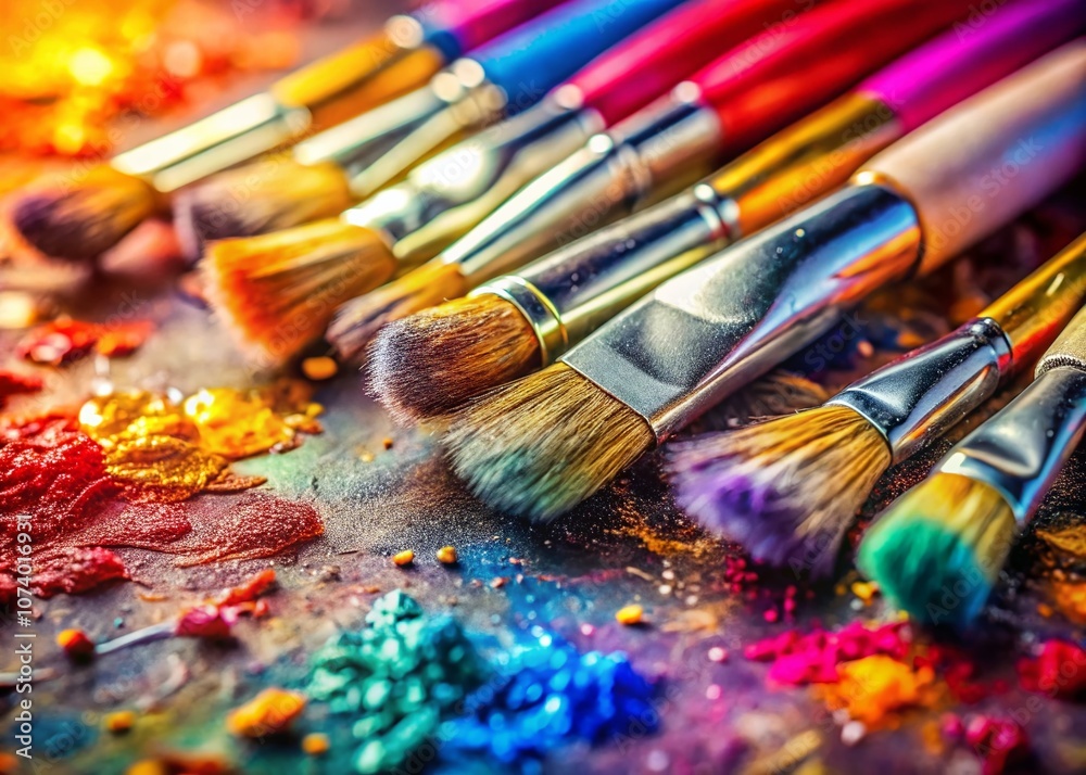 Fototapeta premium A Creative Collection of Watercolor Brushes for Illustrators in a Tilt-Shift Photography Style, Showcasing Artistic Tools in a Colorful and Unique Perspective