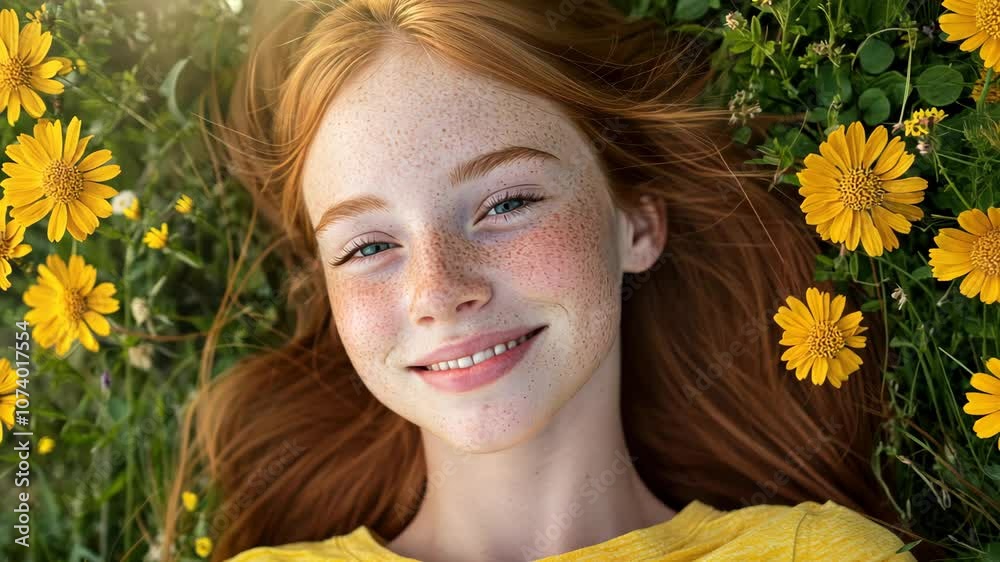 Teenage redhead girl lying on grass with yellow flowers, relaxed smile, with soft natural blur for a carefree vibe. Teenage redhead girl lying on grass with yellow flowers, relaxed smile, with soft natural blur for a carefree vibe.