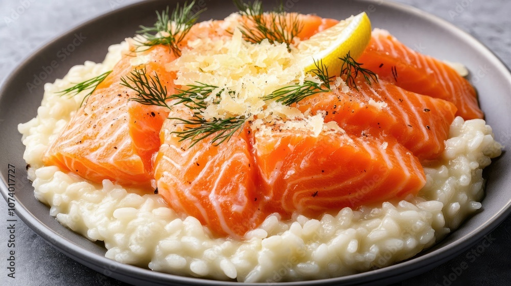 Fresh Salmon on Creamy Risotto with Lemon Garnish Fresh Salmon on Creamy Risotto with Lemon Garnish