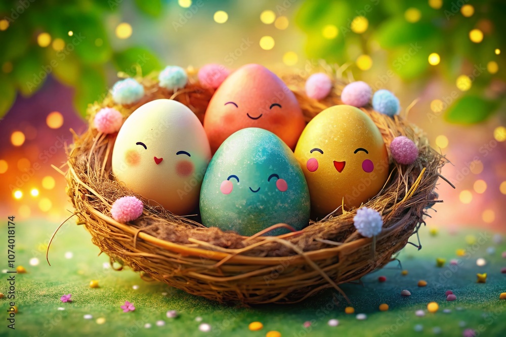 Adorable Cartoon Illustration of a Nest with Four Colorful Eggs Perfect for Children's Decor and Educational Materials Adorable Cartoon Illustration of a Nest with Four Colorful Eggs Perfect for Children's Decor and Educational Materials