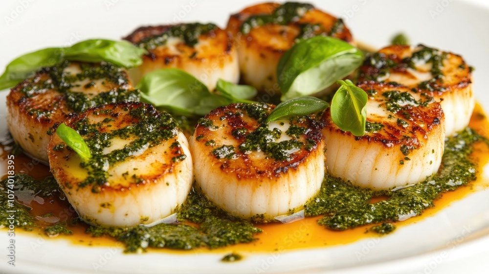 Grilled scallops with herb sauce and fresh basil Grilled scallops with herb sauce and fresh basil