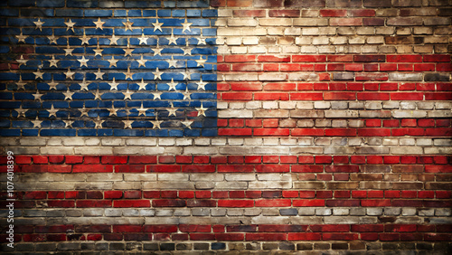 American flag painted on a brick wall with a textured background
