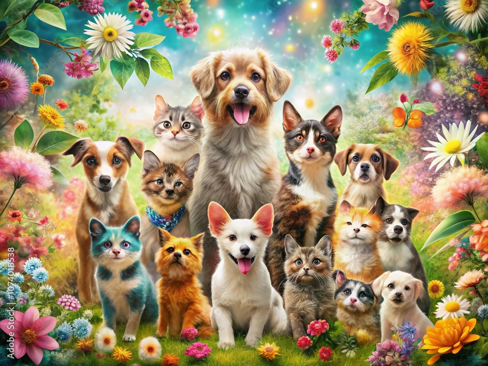 Adorable Double Exposure of Cute Cartoon Pet Animal Group, Featuring Dogs, Cats, and More in Full Body, Perfect for Illustrative and Whimsical Designs