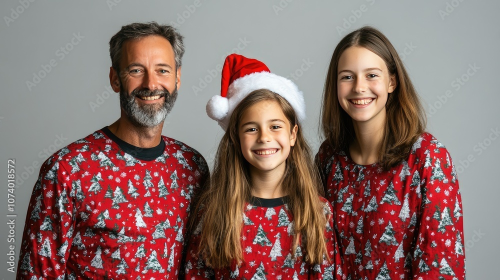 Joyful Family in Christmas Pajamas with Santa Hat Joyful Family in Christmas Pajamas with Santa Hat