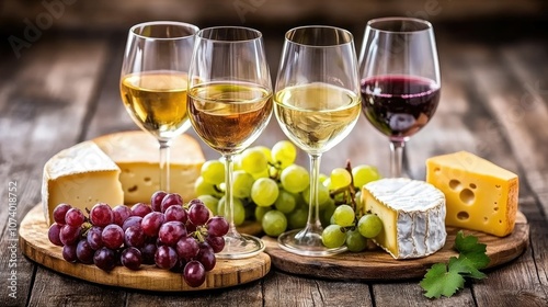 Varieties of Wine and Cheese with Fresh Grapes