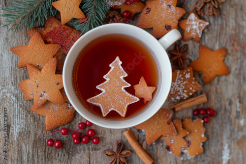A cozy Christmas tea setup featuring a warm cup of tea surrounded by holiday gingerbread cookies in festive shapes, such as stars and trees.