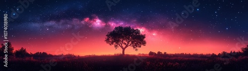 Explore the tranquil beauty of a starry night over a solitary tree in nature's embrace