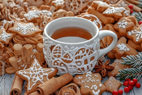 A cozy Christmas tea setup featuring a warm cup of tea surrounded by holiday gingerbread cookies in festive shapes, such as stars and trees.