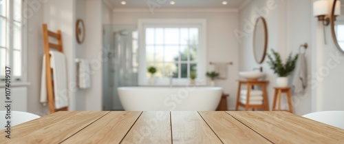 White bathroom interior. Empty product display with blurred bathroom interior background, Luxurious white bathroom, clawfoot bathtub, large window, natural light, wooden floor, wood, bokeh background photo