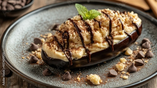 Delicious dessert on elegant plate with chocolate drizzle photo