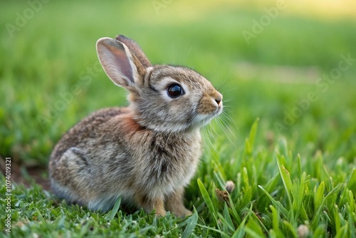 Adorable Little Funny Rabbit Sitting on the Lush Green Lawn, Captured in Macro Photography with Detailed Features and Playful Expression, Perfect for Nature Lovers and Animal Enthusiasts