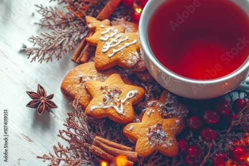 A cozy Christmas tea setup featuring a warm cup of tea surrounded by holiday gingerbread cookies in festive shapes, such as stars and trees.