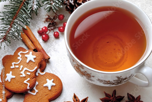 A cozy Christmas tea setup featuring a warm cup of tea surrounded by holiday gingerbread cookies in festive shapes, such as stars and trees.