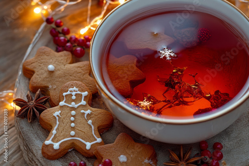 A cozy Christmas tea setup featuring a warm cup of tea surrounded by holiday gingerbread cookies in festive shapes, such as stars and trees.